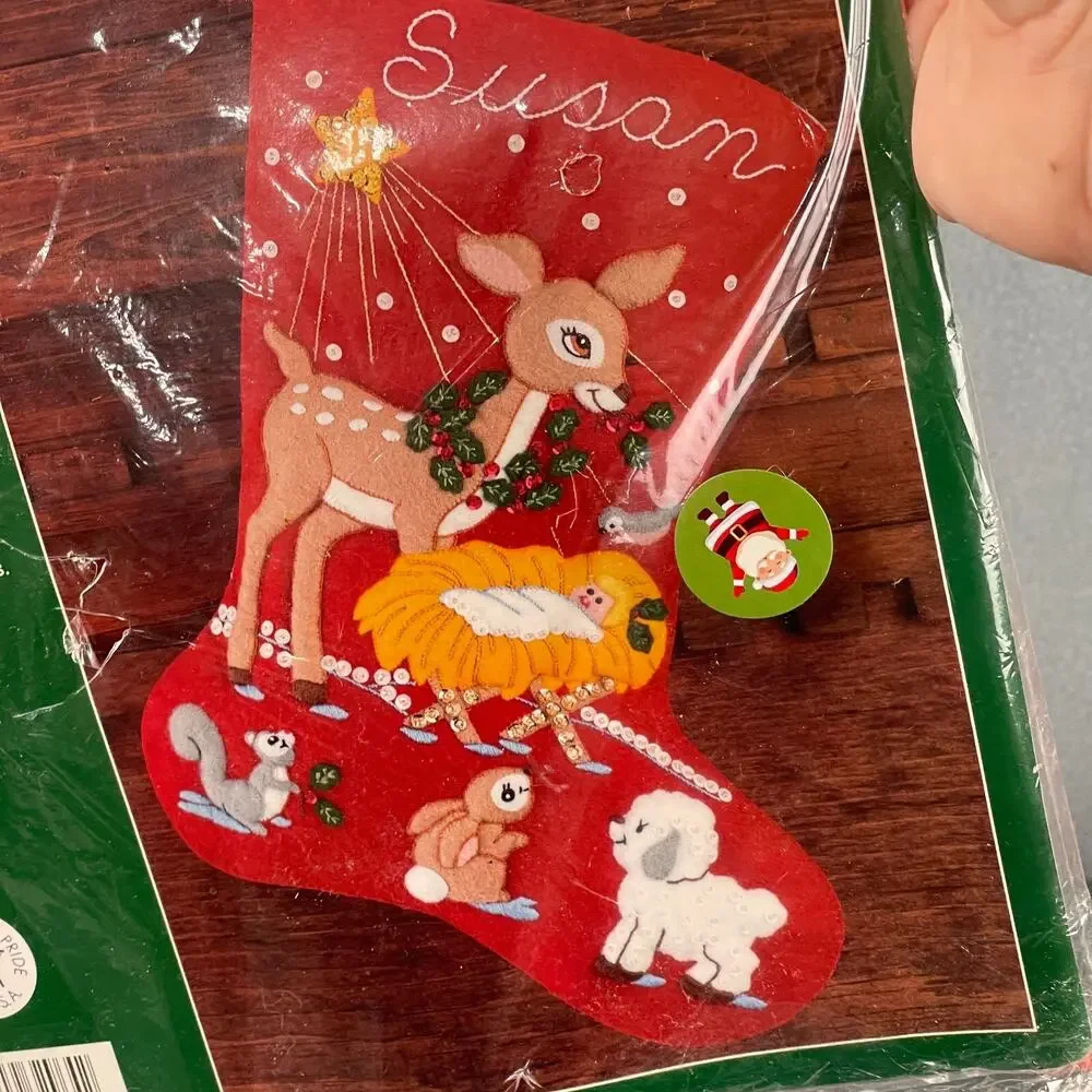 Vintage Bucilla Gallery Of Stitches Felt Stocking Manger Scene #32964 Deer Lamb - Picture 2 of 7